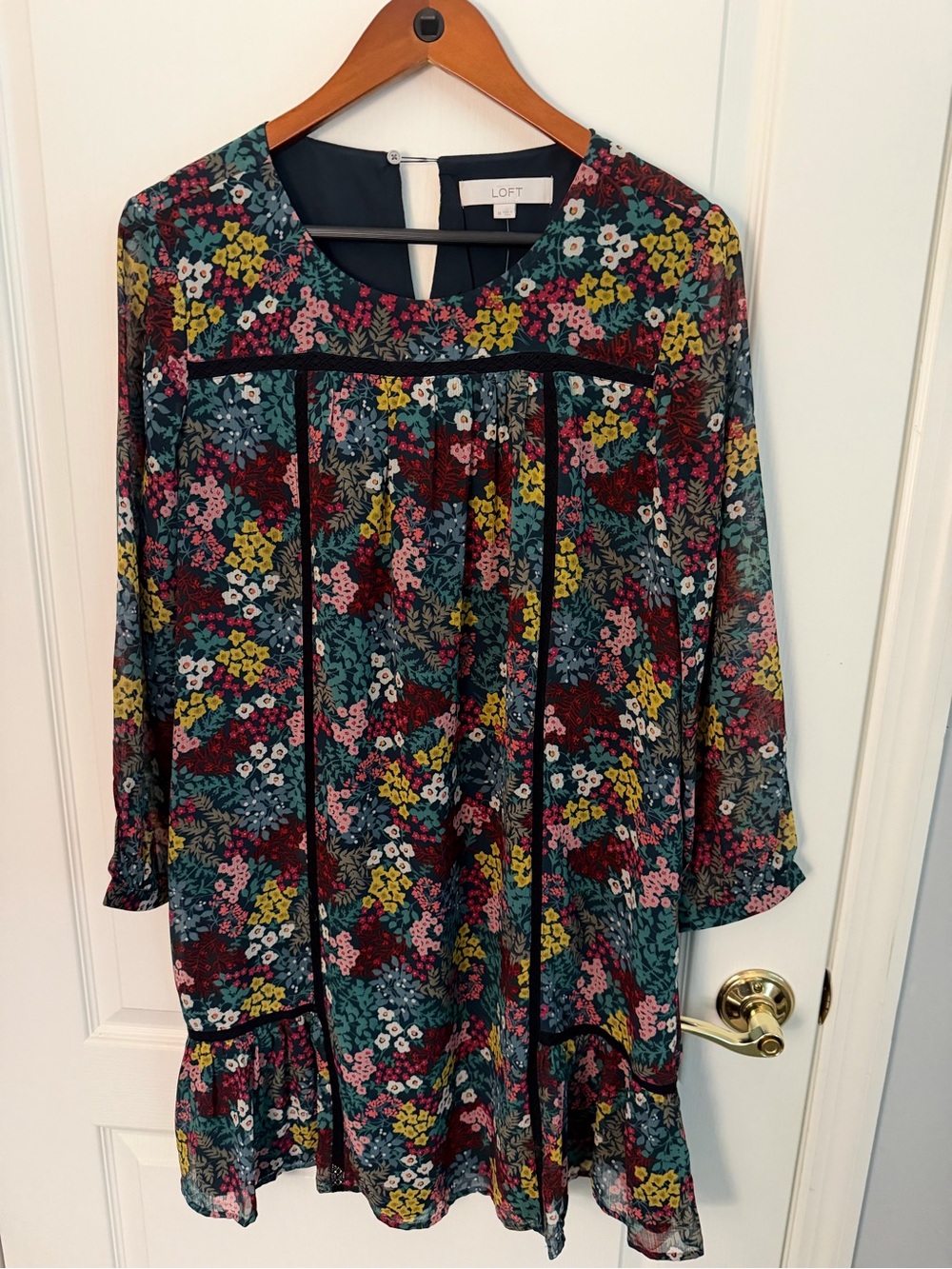 LOFT Teal Floral Long-Sleeve Ruffle-Hem Dress